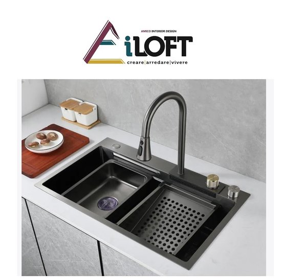 Lavello da cucina di design 1 vasca di grandi dimensioni con getto orizzontale + accessori LOFT2203